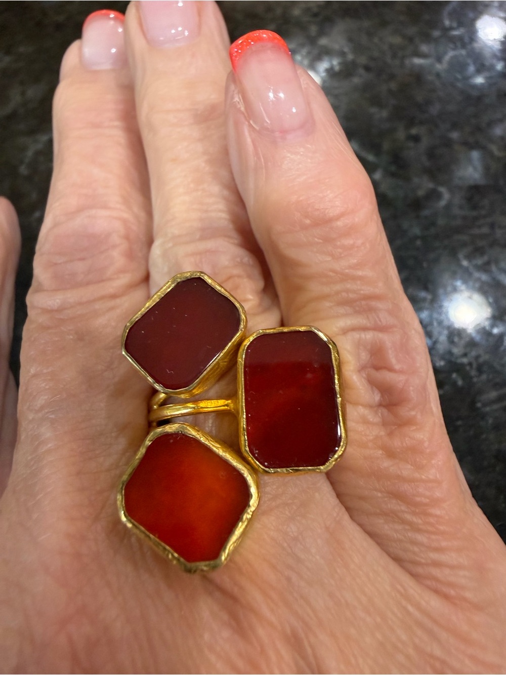 Gold-Tone Red/Orange Glass Cocktail Ring